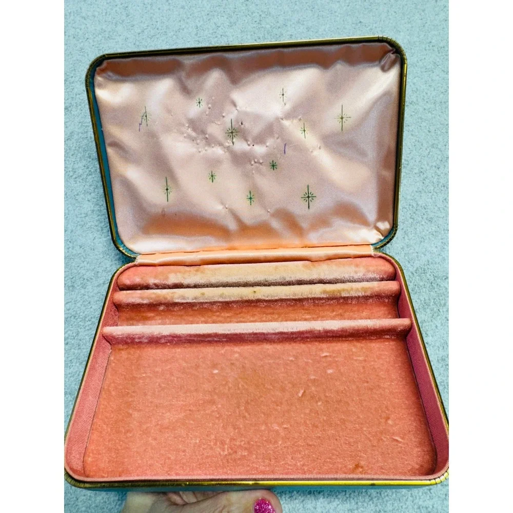 Vintage Farrington Jewelry Box Teal Blue Pink‎ Satin Mid Century Vanity Case